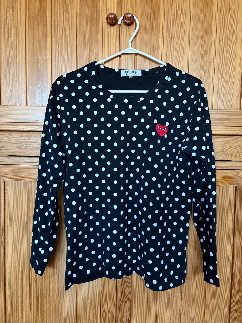 Comme des Garçons PLAY Black Polka Dot Long Sleeve Tee with Red Heart Logo - Picture 2 of 2
